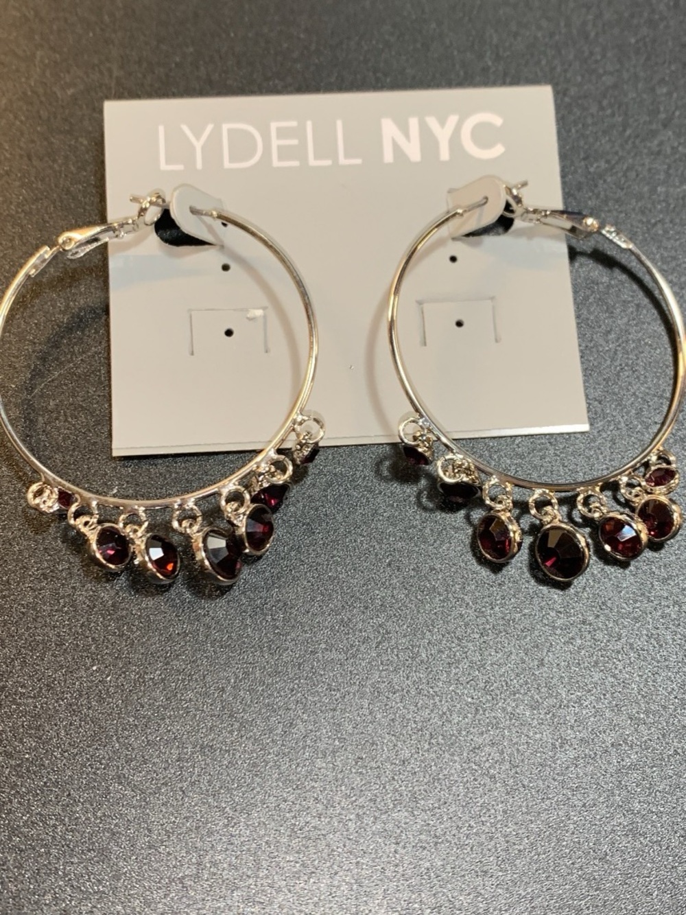 LYDELL NYC Silver Hoop Earrings with Deep Red Gem Drops